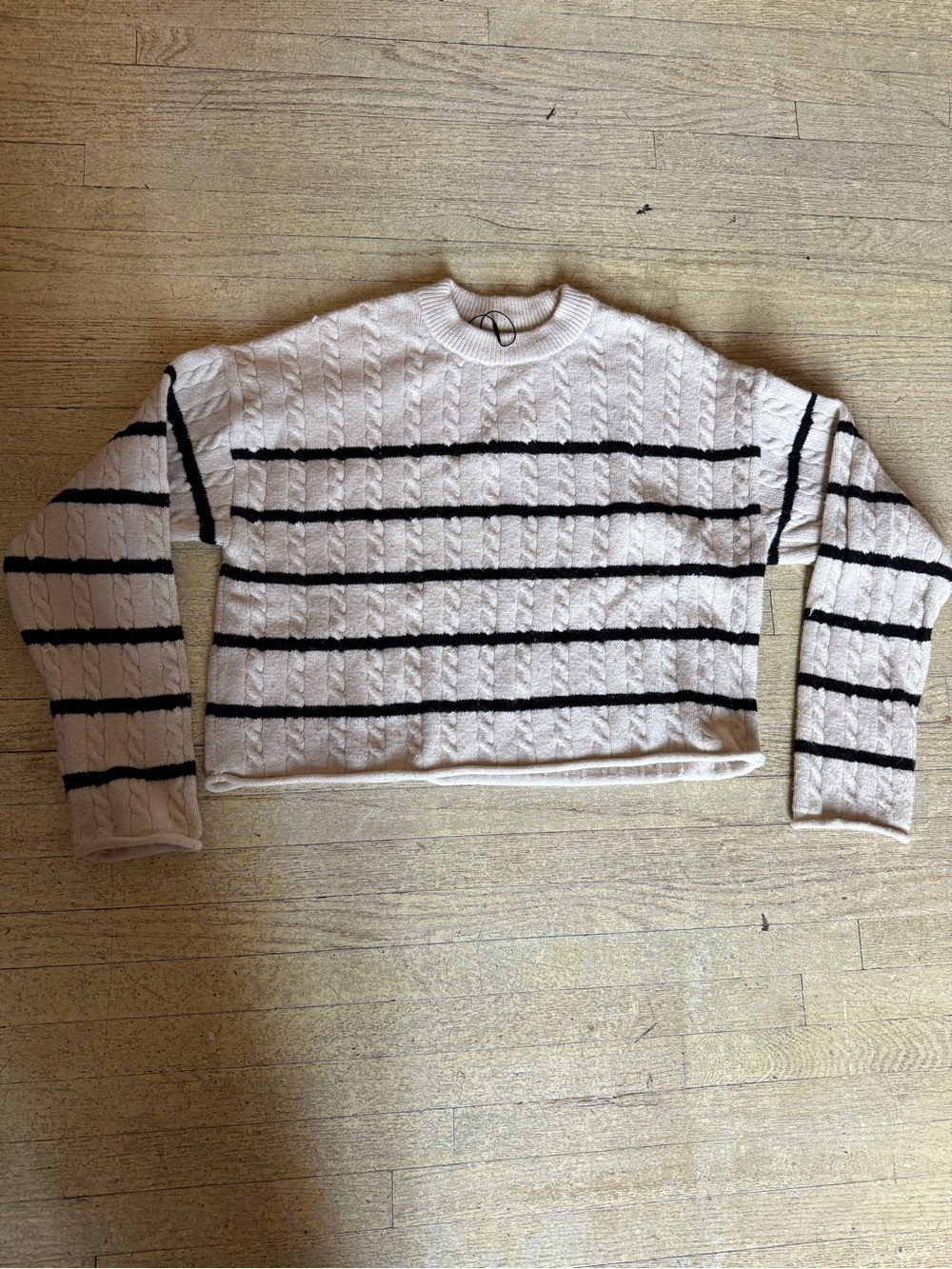 Zara Girl’s Striped Cable-Knit Crewneck Sweater - Cream with Black Stripes